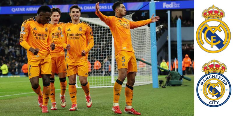 Bellingham (phải) ăn mừng bàn thắng trước Manchester